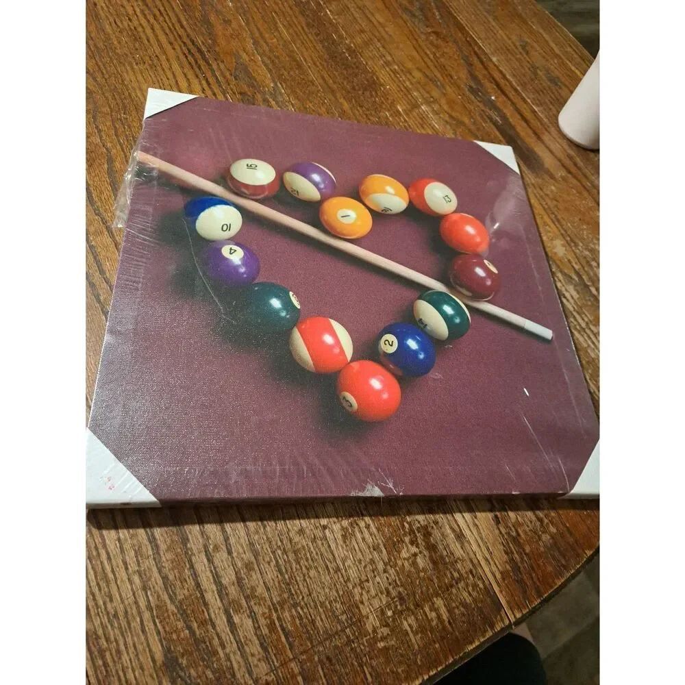 New Heart Shape Pool Balls & Cue Stick Wall Art Canvas Picture 15.5" Billiards